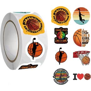 Basketball Stickers (500 PCS), 8 Graphic Sports Cartoon Decal Rolls Self-Adhesive Seals for Kids Girls Boys Teens for Birthday Party Decoration for Water Bottle Laptop Scrapbook Card Envelope