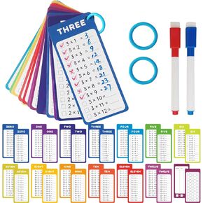 15 Pcs Multiplication Flash Cards (0-12), 2 Dry Erase Markers (Blue and red), and 2 Blue Loose Leaf Binder Rings, Family Classroom Multiplication Times Table Flash Cards
