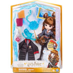 Wizarding World Harry Potter, 8-inch Hermione Granger Light-up Patronus Doll with 7 Doll Accessories and Hogwarts Robe, Kids Toys for Ages 5 and up