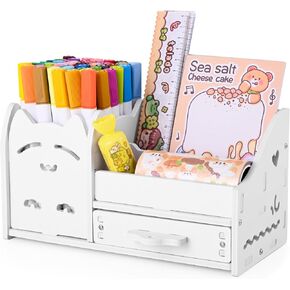 HOMOTEK Desk Organizer Pencil Holder with Drawers, Small Desktop Pen Hold Art Supply Storage Box Caddy, Drawer Makeup Stationery Organizer Box for Office, School(White Smiling Cat, 1 Pack)