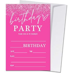 Pink Birthday Party Invitations for Girls Pink Silver Invite Birthday Party Invite for Girls Besties Woman 20 Invite Cards with Envelopes-Birthday Party Supplies(4×6inches)-C03 in Kuwait