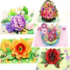 5-Pack Flowers Pop Up Cards 3D Greeting Card Assortment for Women or Men on All Occasion Anniversary Valentine's Day Birthday or Wedding Christmas Congratulation