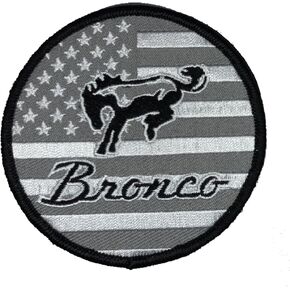 Ford Bronco Greyscale Flag Logo Embroidered Patch 3 inch Round | Heat Seal Patch for Clothes, Jean Jacket, Black Backpack, Hat, Jackets, and More
