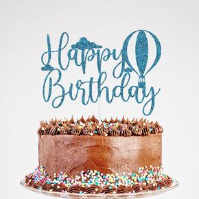 Happy Birthday Cake Topper, Sky Hot Air Balloons Birthday Cake Decor, Baby Shower Bday Party Cake Decorations Blue Glitter
