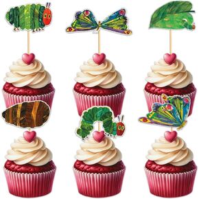 Green Insect Caterpillar Cupcake Topper for Nature Insect Hungry Caterpillar Theme Party Favors Decorations Happy Birthday Anniversary Wedding Party Decor Supplies set 18pcs Glitter