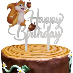 Sliver Acrylic Squirrel Happy Birthday Cake Topper, Squirrel Birthday Cake Decor, Woodland Themed Birthday Party Supplies, Zoo Animals Centerpiece