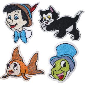 4 Pcs Pinocchio Patches Iron on Embroidered Badge Saw On Patch for Jeans, Clothing, Bags, Jackets, Caps
