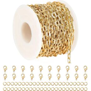 Kyutong 16.4FT/5M Chunky Cable Chain on Spool Gold Plated Chains Bulk for Jewelry Craft DIY Thick Circle Link Chains for Jewelry Making with Lobster Clasps Jump Rings