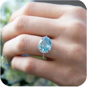 Fashion Shiny Half Full Diamond Large Carat Oval Cut Blue Aquamarine Birthstone Ring CZ Diamond Eternity Engagement Wedding Band Ring Promise Ring Cocktail Party Ring for Women ST.382