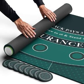 NewVerest Blackjack Mat 70 "x 35" ، Top Table Table Lights مع Friends | طاولة كازينو أسود جاك ، تخطيط حصيرة البوكر في حقيبة تخزين سستة مع 8 توديع في صندوق جاهز للهدية