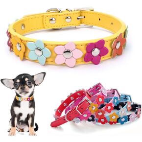 Black Fancy Dog Collars for Small Dogs, Pretty Flower Colorful Floral Faux Leather Cute Girl Puppy Collar for Xs Small Medium Breed Pet Female Dogs Tiny Cats, S