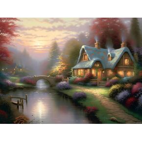 JXAVAXDE Diamond Painting Kit for Adults, Misty River Cottage Diamond Art Kit Full Diamond 5D Diamond Painting Art, Perfect for Gifts Home Wall Decor 12x16 inch