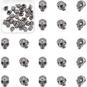 UNICRAFTALE 30pc Skull Beads Skeleton Head Charms Tibetan Style Large Hole Loose Spacer Charm Beads Gunmetal European for Halloween Crafts Bracelet Necklace 1.5mm