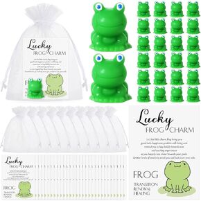 Lincia 24 Sets Good Luck Gifts Little Frog Charm with Story Card and Gift Bags Mini Green Frog Resin Figurines Good Luck Cards Organza Bags for Frog Lovers Friend Coworker