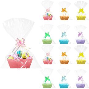 Sinload 12 Sets Empty Gifts Baskets 6 Colors Paper Market Tray with Handles 8 x 6 x 3 Inch Cardboard Basket to Fill with Multicolor Bows and Clear Gift Bags for Wedding Birthday Party Gift Wrap