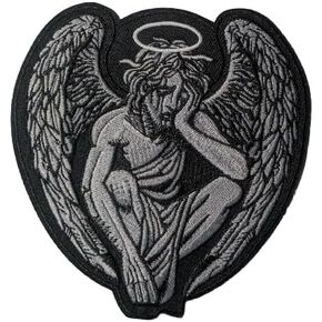Crying Guardian Angel Patch Gothic Goth Punk Biker Emo Religious Embroidered Iron On 5x4.75"", Medium, Black, Gray