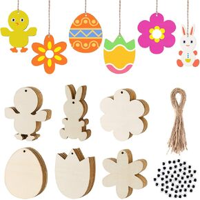 FEPITO 120Pcs Wood Easter Tags Unfinished Wooden Easter Ornaments Eggs Bunny Chick Tulip Cutouts Wooden Gift Tags with Strings for Kids DIY Easter Crafts Easter Decoration