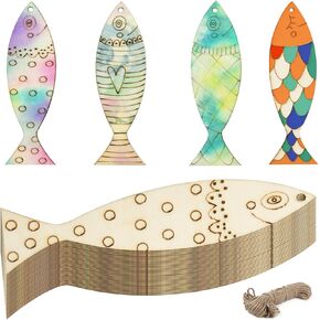 36Pcs Wooden Fish Decor Cutouts, 4 Styles DIY Wooden Crafts to Paint Shapes for Various Animal Decorations Crafts Lovers, Wooden Ornaments Wearing Hemp Rope and Can Be Personalized for Crafts