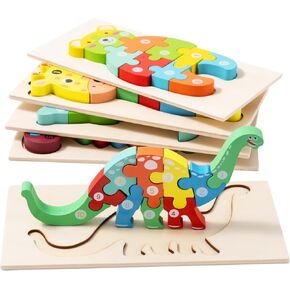 5 Pack Wooden Animal Toddler Puzzles for Kids Ages 3-5, Baby Montessori Toys for Kids Age 2 3 4 5 6 Years, 5 Animal Patterns Learning Jigsaw Toys for Girl Boy Ideal Gift