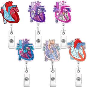 6 Pcs Nurse Badge Reels Heart Retractable ID Card Holder Alligator Clip Anatomy Cardiac Pattern Badge Holders Nurse Name Tag Reel for Doctor Nursing Student Assistant Office Clinic