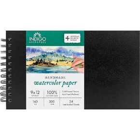 Watercolor Paper Wiropad, 24 Sheets, 6x12 (140lb/300g) | Handmade 100% Cotton Rag, Cold Pressed, Acid-Free Water Color Paper with 4 Natural Deckle Edges, Watercolor Pad Sketchbook