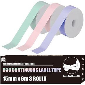 D30 Labels Continious Lable, D30 Label Tape for Phomemo D30 Labels for Phomemo D30 Label Tape for Vretti HP3 HP4 HP6 Print Master D30 Labels Refill D35 Q30 D30 Bundle Colored Continuous 15MM*6M 0.59"