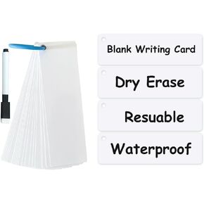Lachilly 40Pcs Dry Erase Reusable Blank Strip Card, Laminated Index Blank Cards for School, Work, Housework, DIY Teaching Aids, Cardstock 3.1“ x 4.3“ with Convenient Hole Punch and Storage Ring