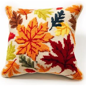 Autumn Maple Leaves Latch Hook Pillow Kit for Adults Throw Pillow Cover with Printed Canvas DIY Hook Crochet Yarn Needle Craft Easy Handmade Cushion for Home Sofa Decoration 43x43cm(8)