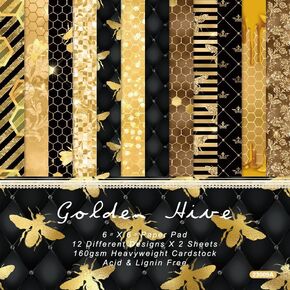 24 Sheets Bees and Honeycombs Scrapbook Paper 6'' x 6'' Golden Hive Bees Honeycombs Pattern Pad Bees Single-sided Scrapbook Paper Bees Craft Paper for Card Making Kit Cardstock Origami DIY