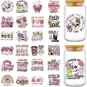 UV DTF Cup Wrap - 24 Sheets Coffee UVDTF Cup Wraps for 16 oz Glass Cups, Leopard Print Mama Decals for Mugs, Valentines Skeleton Rub on Transfer Stickers, DIY Crafts