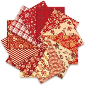 12Pcs Red Floral Cotton Fabric Bundles Retro Flower Plaid Stripe Fat Quarters Decorative Quilting Patchwork for DIY Craft Home Party Decor, 18 x 22 Inch
