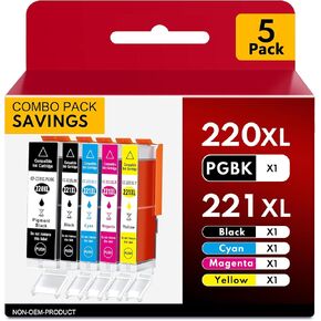 PGI-220 CLI-221 Ink Cartridge Compatible for Canon MX870 221 220 Ink Cartridges PGI220 CLI221 to use with MP560 MP620 MP640 MX860 MP980 MP990 iP3600 iP4600 iP4700 Printer(5 Pack)