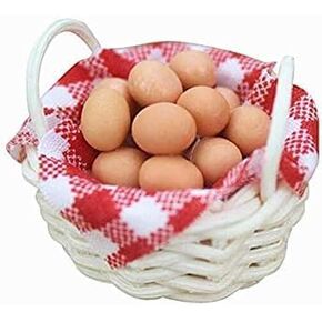 EatingBiting 1:12 Scale 1/12 Mini Furniture minihouse Miniature Egg Basket with Red Plaid Cloth and 12 Resin Eggs DIY Scene Home Furniture Craft Accessoreis