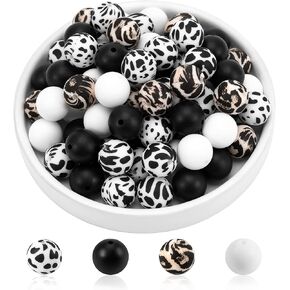 100Pcs Silicone Beads 15mm for Keychain Making, Leopard Cow Black White Color Silicone Round Beads Bulk for DIY Necklace Bracelet Jewelry Making