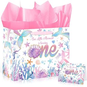 Fishing 1st Birthday Gift Bag Blue Gone Fishing One Birthday Decorations for Boys with Tissue Paper and Card Ofishally 1st Birthday Wrapping Bag with Handle for Baby Shower 1st Birthday Party Favors