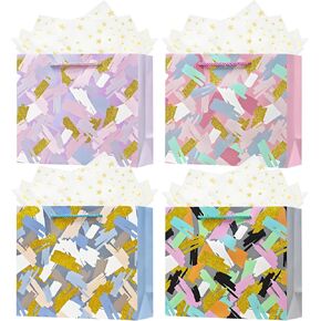 OFIHANLY 4Pcs 9.8" Small Size Gift Bag with Handles for Women Men Boy Girls Baby Kids Gold Glitter Gift Wrap Bags with Tissue Paper for Birthday, Party, Wedding, Bridal Shower, Anniversary