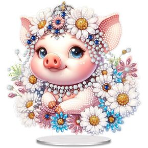 F-CANLAN 5D Diamond Painting Decorations Ornaments - Daisy Pig Decorated Desktop Diamond Dots Arts Crafts Set Cute Pig Decorated Desktop Paint with Diamonds for Adult Beginner (9.65X9.58 in)