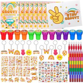 72 Pcs Groovy Coloring Book with Crayons Bulk,Retro Hippie Daisy Flower Party Favors Goodie Bags Fillers,Rainbow Boho Birthday Party Supplies Face Stickers Tattoo Prizes Gift for Groovy Party