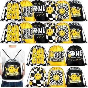 Sweetude 18 PCS واحد واحد سعيد الحزب الحزب يفضل أكياس ابتسامة الوجه الأول هدية عيد ميلاد جيدة حقيبة الرباط على الظهر لديكور عيد ميلاد سعيد يا صاح واحد ديكور حفلة عيد ميلاد سعيد