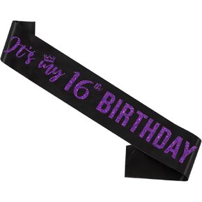 Sweet 16 Sash Purple,It’s My 16th Birthday Sash,16th Birthday Sash for Girls,Glitter Letter 16th Birthday Sash for Girls,Happy 16th Birthday Party Decorations,Black and Purple