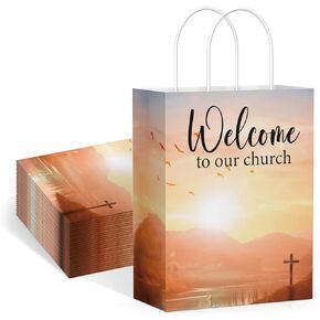 QIELSER 50 Pcs Church Welcome Bags Bulks 5.9x3.1x8.3 Inches, Small Size Welcome Gift Bags with Handles Welcome to Our Church Paper Bags for Hotel, Birthday, Party Favor Supplies, Baptism Guest