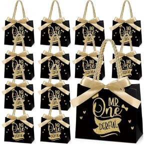 Saypacck 25 Pcs Mr Onederful Birthday Gift Bags Boys 1st Birthday Party Favors Wonderful 1st Gift Bags with Handles Baby 1st Birthday Decorations Treat Bag, 5.51 x 2.36 x 4.72 Inches (Black, Gold)