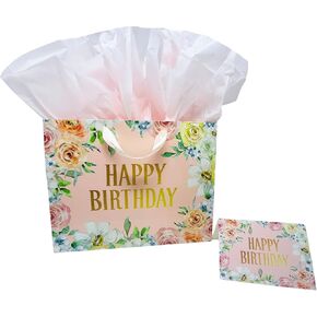 Shimmer Anna Shine 13" Large Birthday Gift Bag with Tissue Paper and Card, Floral Design for Women and Girls Birthday Party