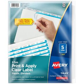Avery 5 Tab Plastic Dividers for 3 Ring Binder ، Easy Print وتطبيق شريط تسمية واضح ، صانع الفهرس القابل للتخصيص متعدد الألوان ، 5 مجموعات (11452)