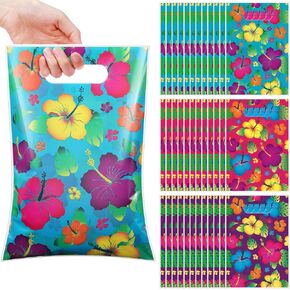 Pasimy 120 Pcs Luau Party Favor Bags Hawaiian Gift Tropical Floral Plastic Bags Tiki Luau Treat Supplies with Die Cut Handle for Hawaiian Aloha Party