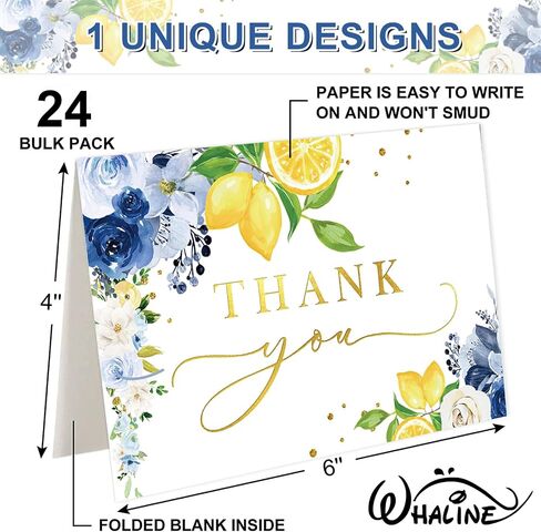 Whaline Blue Lemon Floral Thank You Cards Bulk Watercolor Flower Lemon Thank You Note Cards with Stickers Envelopes Foil Gold Blank Cards for Spring Summer Wedding Baby Shower, 24 Pack in Kuwait