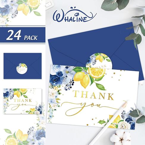 Whaline Blue Lemon Floral Thank You Cards Bulk Watercolor Flower Lemon Thank You Note Cards with Stickers Envelopes Foil Gold Blank Cards for Spring Summer Wedding Baby Shower, 24 Pack in Kuwait
