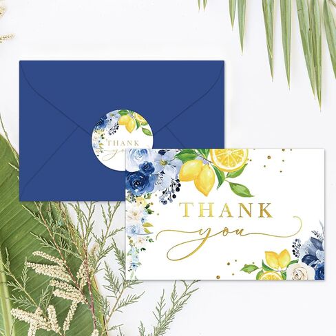 Whaline Blue Lemon Floral Thank You Cards Bulk Watercolor Flower Lemon Thank You Note Cards with Stickers Envelopes Foil Gold Blank Cards for Spring Summer Wedding Baby Shower, 24 Pack in Kuwait