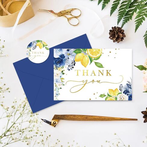 Whaline Blue Lemon Floral Thank You Cards Bulk Watercolor Flower Lemon Thank You Note Cards with Stickers Envelopes Foil Gold Blank Cards for Spring Summer Wedding Baby Shower, 24 Pack in Kuwait