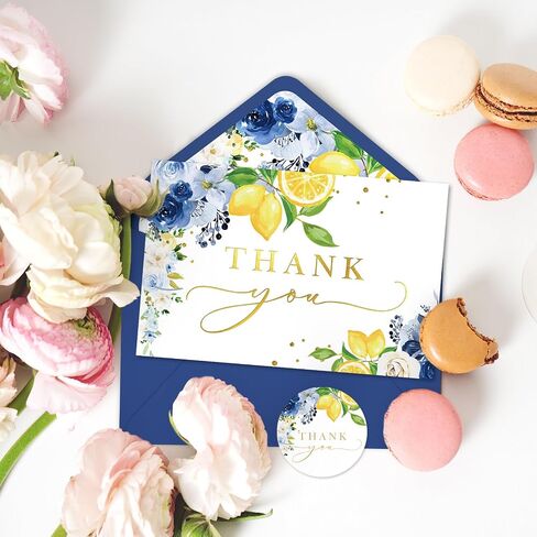 Whaline Blue Lemon Floral Thank You Cards Bulk Watercolor Flower Lemon Thank You Note Cards with Stickers Envelopes Foil Gold Blank Cards for Spring Summer Wedding Baby Shower, 24 Pack in Kuwait